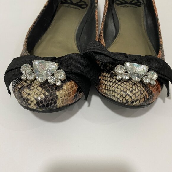 Fergalicious Y2KSnake Print Ballet Flats With Black Bow & Rhinestone Accents 8M - Picture 3 of 9
